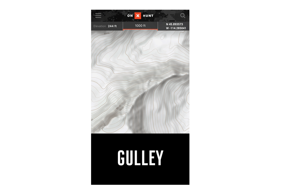 Topo map gulley A gif showing what a gulley looks like on a topographic map.