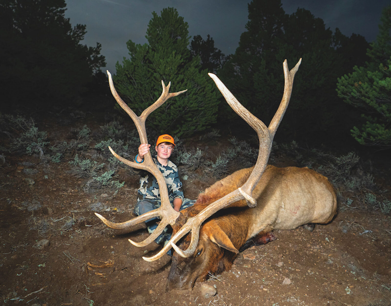 A young hunter poses with a elk in the timber.
